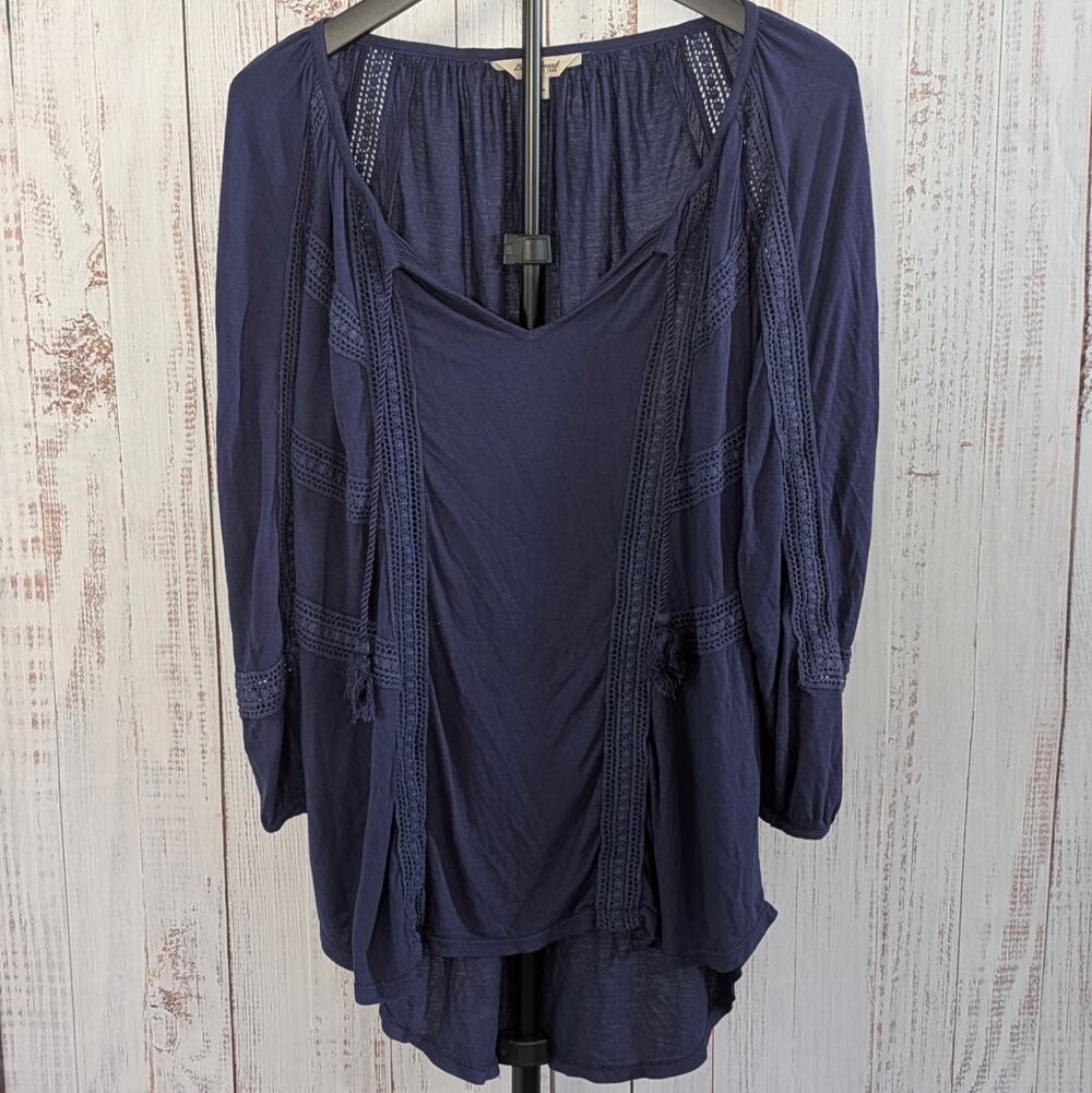 Lucky Brand Blouse Womens Medium Navy Blue Crochet Lace Boho Peasant Tunic Top